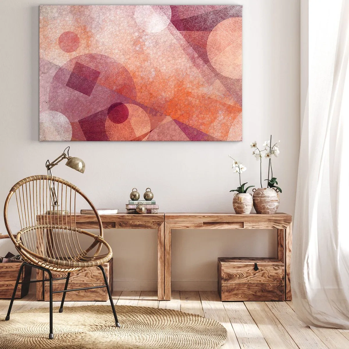 Cuadro sobre lienzo - Impresión de Imagen - Formas geométricas abstractas en tonos pastel de rosa. - 70x50cm - Transformaciones geométricas en rosa - Decoración de pared moderna para salón y dormitorio ARTTOR