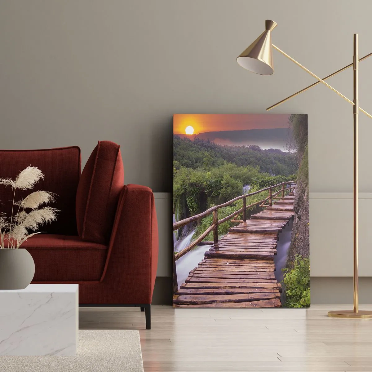 Cuadro sobre lienzo - Impresión de Imagen - Un puente con vistas a las cataratas al atardecer. - 50x70cm - Una belleza inimaginable - Decoración de pared moderna para salón y dormitorio ARTTOR