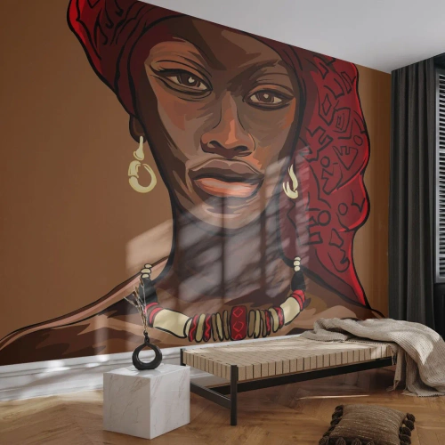 Fotomural Premium Sand - Retrato de una mujer con turbante rojo en estilo étnico. - 100x70cm - Venus de ébano - Decoración de pared moderna para salón y dormitorio ARTTOR