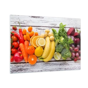 Cuadro sobre vidrio - Impresiones sobre Vidrio - Frutas y verduras coloridas dispuestas sobre una mesa de madera. - 100x70cm - ¿No es suficiente? - Decoración de pared moderna para salón y dormitorio ARTTOR