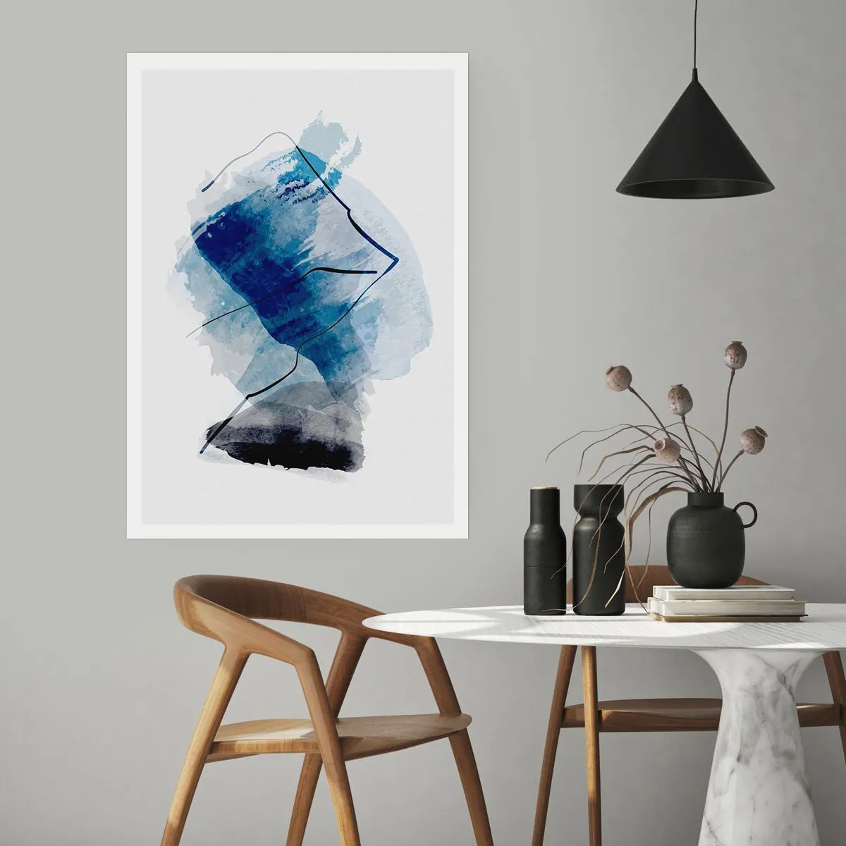 Póster - Abstracción en tonos azules con líneas negras. - 50x70cm - Montaña helada - Decoración de pared moderna para salón y dormitorio ARTTOR