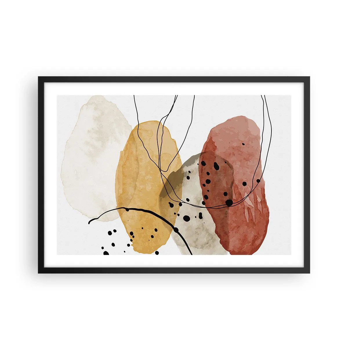 Póster en marco negro - Manchas abstractas en tonos beige, amarillo y rojo. - 70x50cm - Líneas y transparencias - Decoración de pared moderna para salón y dormitorio ARTTOR