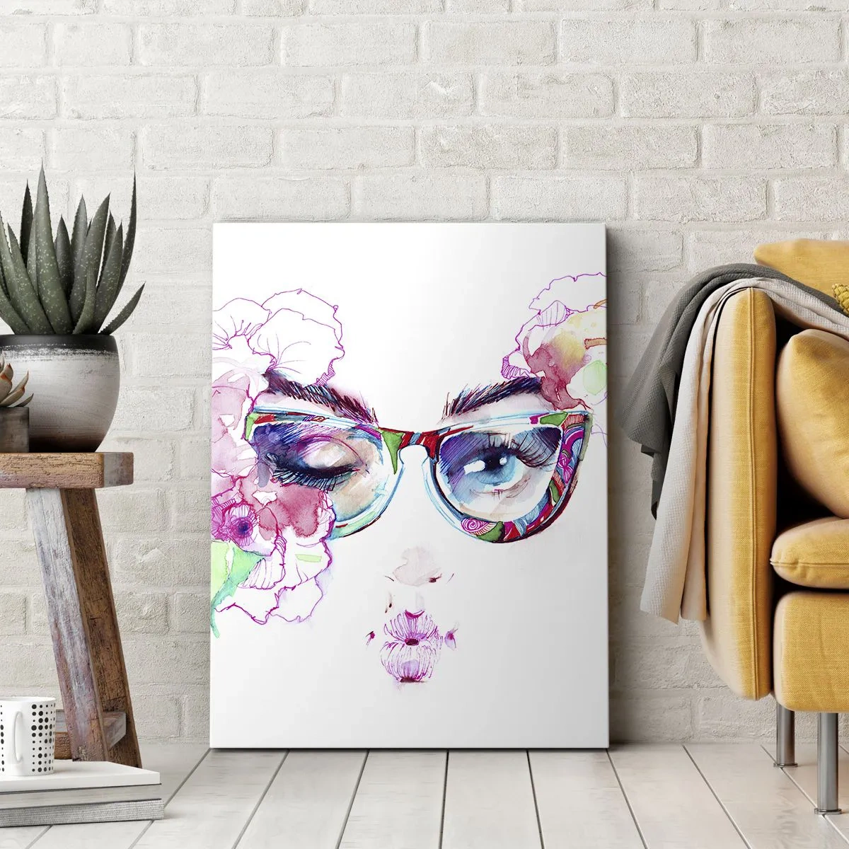 Cuadro sobre lienzo - Impresión de Imagen - Cara de acuarela con gafas de colores y flores. - 80x120cm - Una promesa tentadora - Decoración de pared moderna para salón y dormitorio ARTTOR