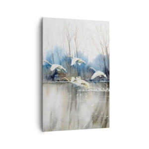 Cuadro sobre lienzo - Impresión de Imagen - Cisnes en vuelo sobre un lago congelado en un paisaje invernal - 80x120cm - Como en un cuento de cisnes salvajes - Decoración de pared moderna para salón y dormitorio ARTTOR