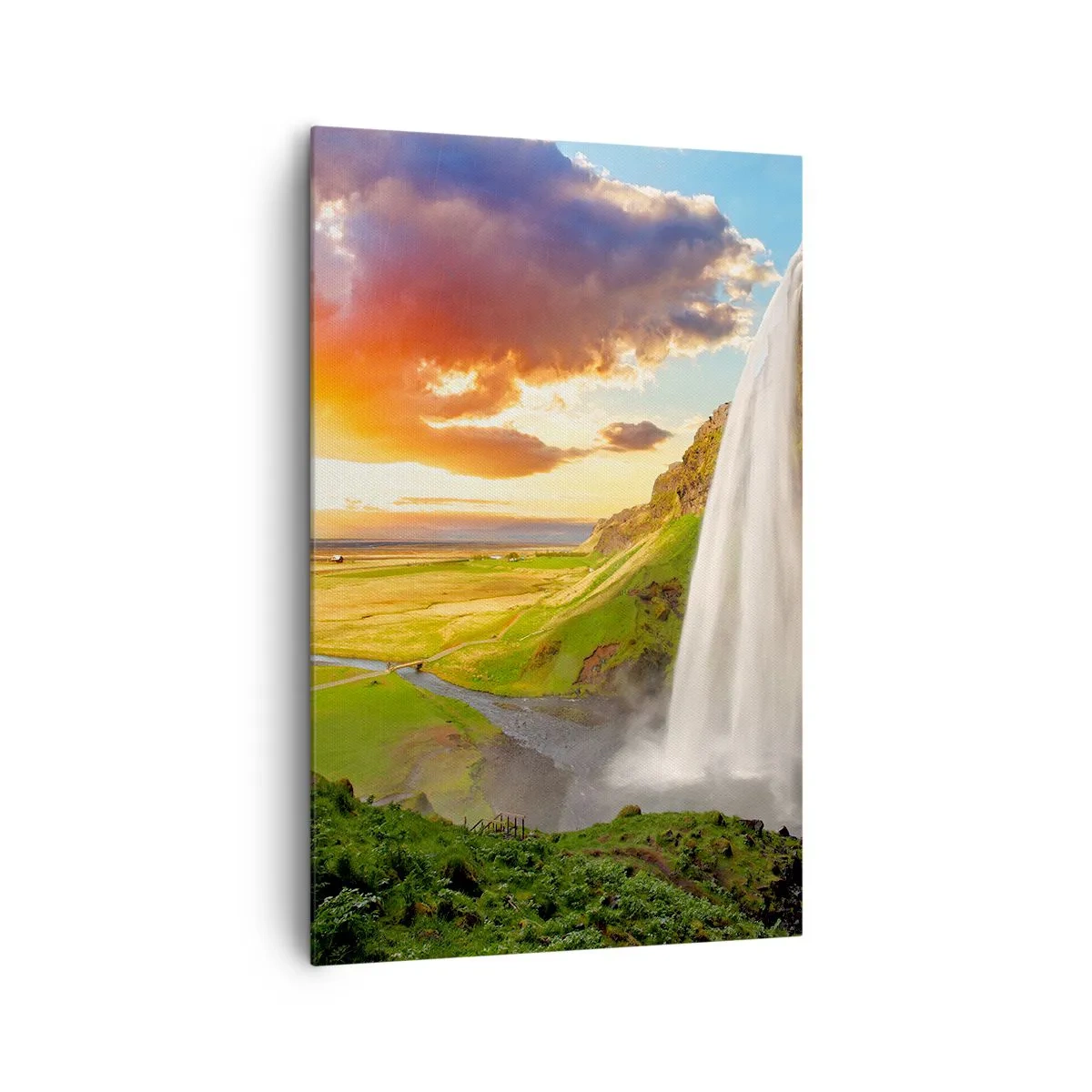 Cuadro sobre lienzo - Impresión de Imagen - Una cascada en un paisaje pintoresco al atardecer. - 80x120cm - La plenitud del verano islandés - Decoración de pared moderna para salón y dormitorio ARTTOR