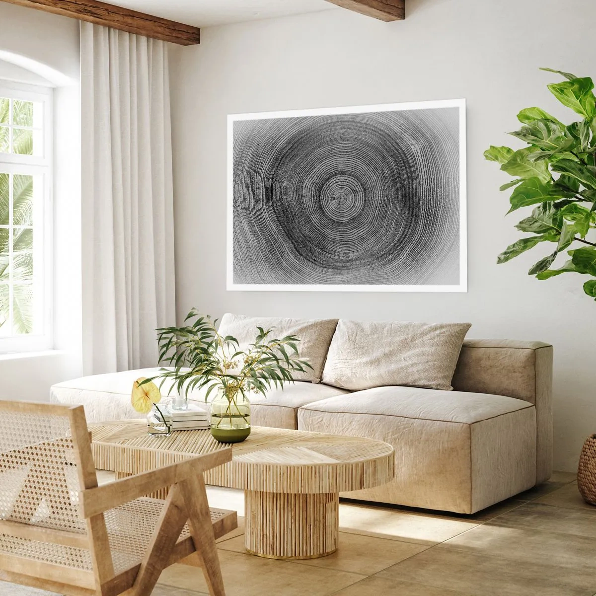 Póster - Patrón de anillos de árboles en blanco y negro que muestra una sección transversal del tronco. - 100x70cm - El paso del tiempo - Decoración de pared moderna para salón y dormitorio ARTTOR