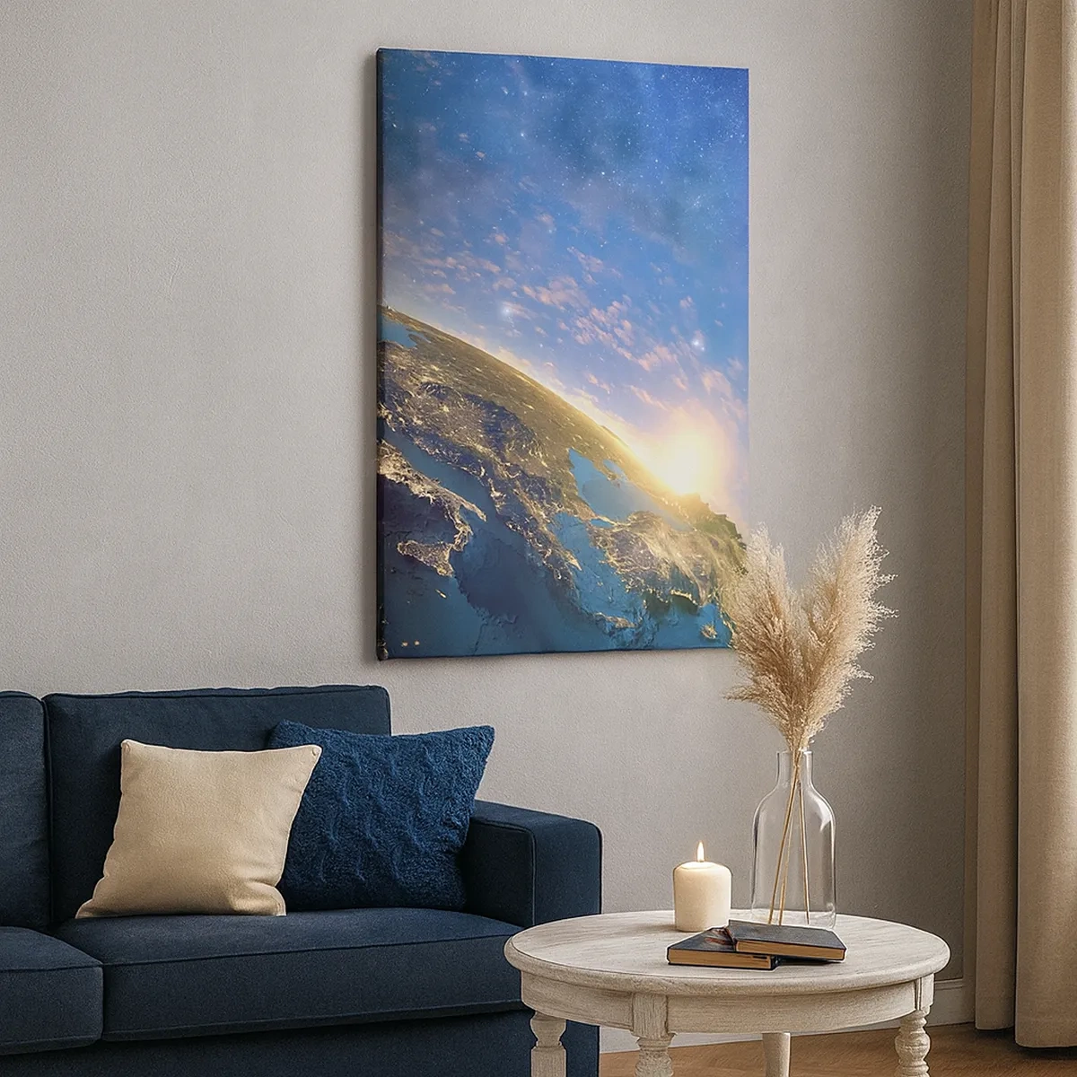 Cuadro sobre lienzo - Impresión de Imagen - Vista de la Tierra desde el espacio al amanecer - 50x70cm - Mirémonos a nosotros mismos desde la distancia - Decoración de pared moderna para salón y dormitorio ARTTOR