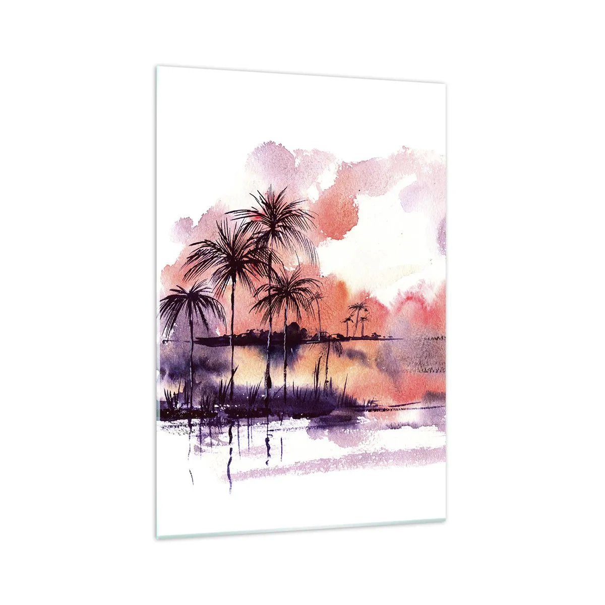 Cuadro sobre vidrio - Impresiones sobre Vidrio - Paisaje tropical con palmeras al atardecer en acuarela. - 70x100cm - La calma de los trópicos en rojo - Decoración de pared moderna para salón y dormitorio ARTTOR