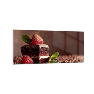 Cuadro sobre vidrio - Impresiones sobre Vidrio - Pastel de chocolate con frambuesas y menta sobre un fondo de granos de cacao. - 120x50cm - La vida es dulce - Decoración de pared moderna para salón y dormitorio ARTTOR