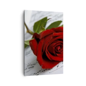 Cuadro sobre lienzo - Impresión de Imagen - Una rosa roja sobre un fondo de notas musicales sobre papel blanco. - 80x120cm - La música de los sentimientos en escarlata - Decoración de pared moderna para salón y dormitorio ARTTOR
