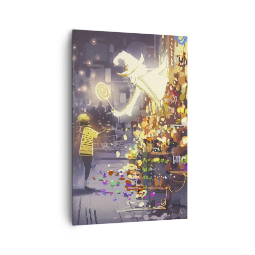 Cuadro sobre lienzo - Impresión de Imagen - Un personaje de cuento de hadas y un niño en una calle llena de luces y magia. - 80x120cm - Los hechizos existen - Decoración de pared moderna para salón y dormitorio ARTTOR
