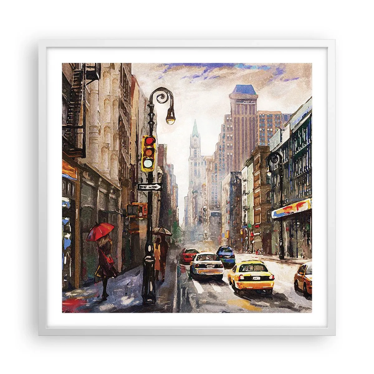 Póster en marco blanco - Nueva York - también colorida bajo la lluvia - 60x60 cm