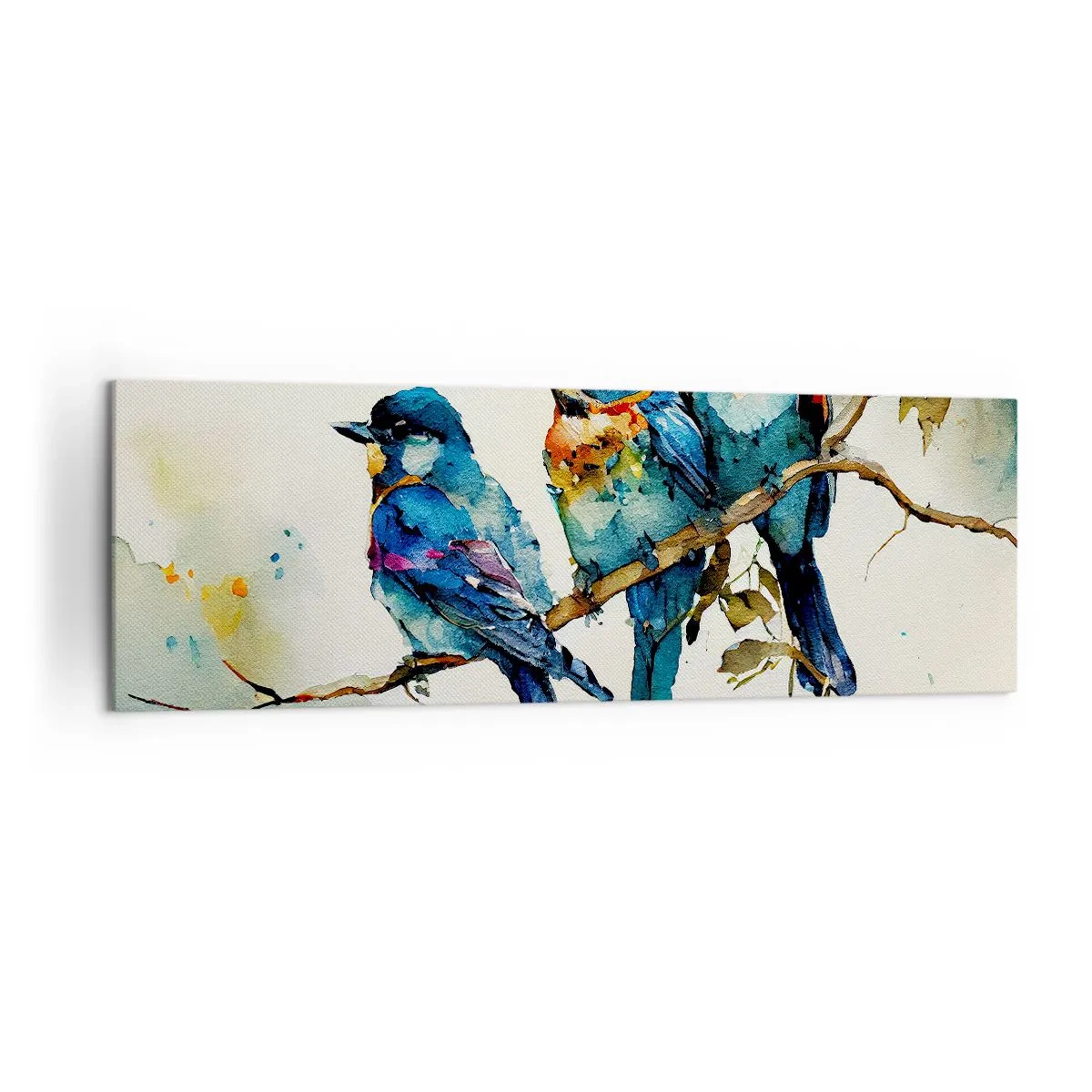 Cuadro sobre lienzo - Impresión de Imagen - Tres pájaros coloridos en una rama en estilo acuarela. - 160x50cm - ¿Ofendido? - Decoración de pared moderna para salón y dormitorio ARTTOR