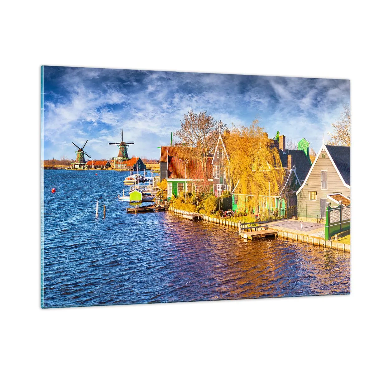 Cuadro sobre vidrio - Impresiones sobre Vidrio - Pintorescas casas holandesas frente al mar con molinos de viento - 120x80cm - Durante siglos, sin cambios - Decoración de pared moderna para salón y dormitorio ARTTOR