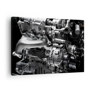 Cuadro sobre lienzo - Impresión de Imagen - Primer plano de piezas metálicas del motor sobre un fondo negro - 70x50cm - Acero, hermoso, fuerte - Decoración de pared moderna para salón y dormitorio ARTTOR