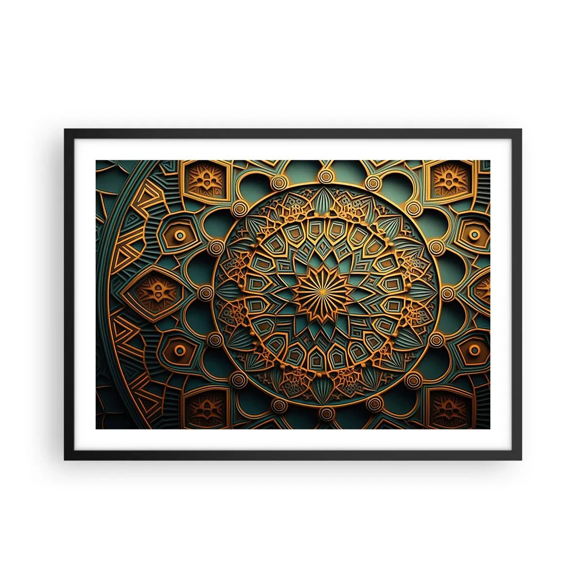 Póster en marco negro - Un mandala dorado sobre un fondo turquesa con ricos detalles. - 70x50cm - En un clima árabe - Decoración de pared moderna para salón y dormitorio ARTTOR