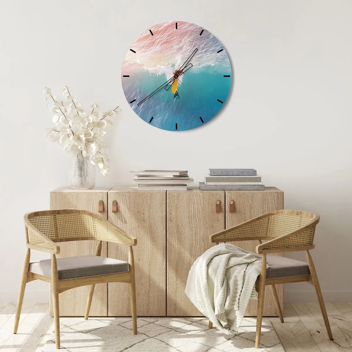 Reloj de pared - Reloj de vidrio - Surfista montando una ola en el océano turquesa - 30x30cm - Jinete del océano - Decoración de pared moderna para salón, cocina y dormitorio ARTTOR