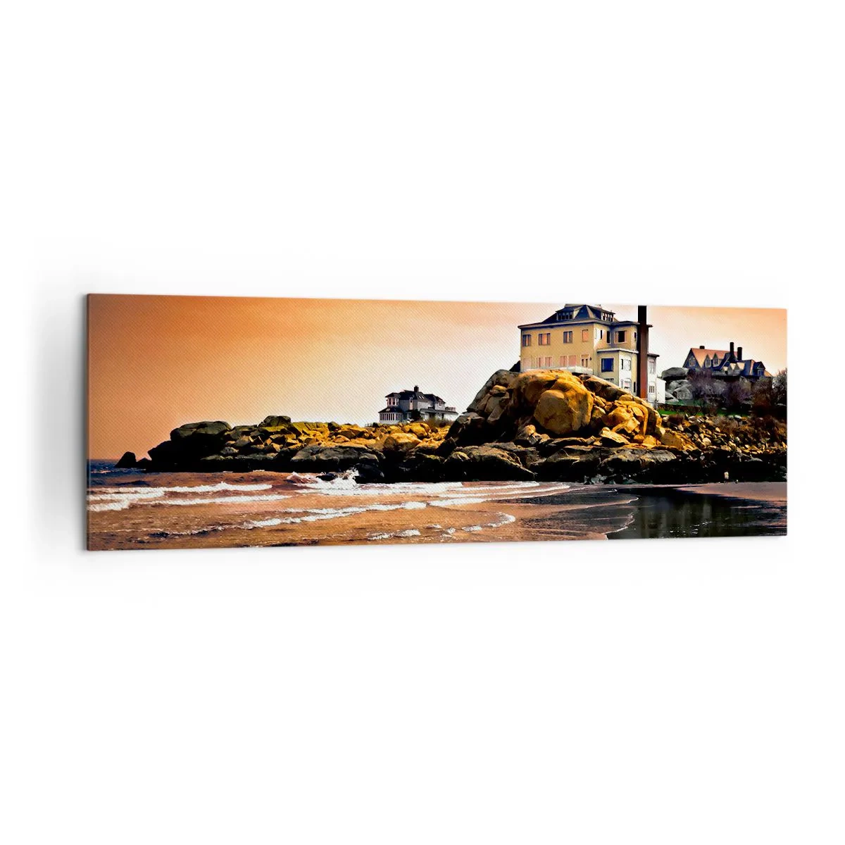 Cuadro sobre lienzo - Impresión de Imagen - Una casa sobre una roca junto a la playa al atardecer con su reflejo en el agua. - 160x50cm - La elegancia de la costa oeste - Decoración de pared moderna para salón y dormitorio ARTTOR