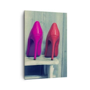 Cuadro sobre lienzo - Impresión de Imagen - Tacones altos de colores contra una pared de madera - 70x100cm - Caminando sobre un arco iris - Decoración de pared moderna para salón y dormitorio ARTTOR