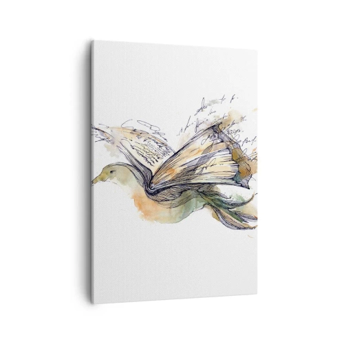 Cuadro sobre lienzo - Impresión de Imagen - Pintura artística de acuarela de un pájaro con un libro como alas. - 50x70cm - En las alas de la poesía - Decoración de pared moderna para salón y dormitorio ARTTOR