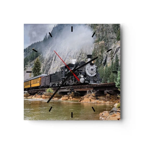 Reloj de pared - Reloj de vidrio - Una locomotora de vapor en un puente en un pintoresco paisaje montañoso. - 30x30cm - ¿Adónde me llevas? - Decoración de pared moderna para salón y dormitorio ARTTOR
