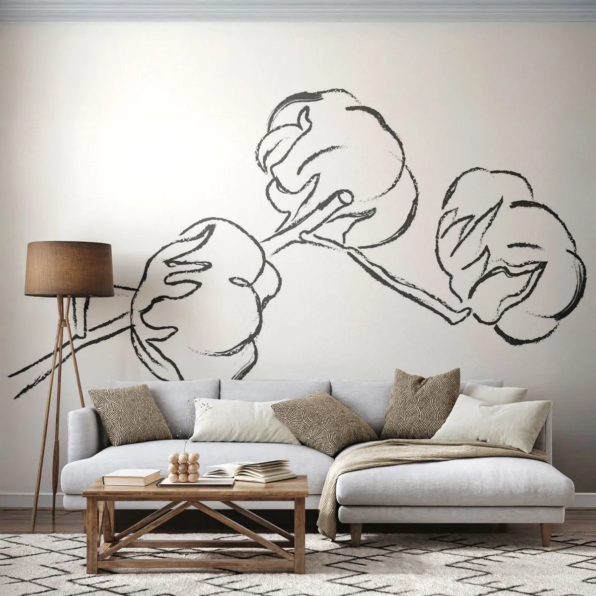 Fotomural Premium Sand - Un dibujo de una rama de algodón en líneas negras sobre un fondo blanco. - 100x70cm - Plumón de algodón - Decoración de pared moderna para salón y dormitorio ARTTOR