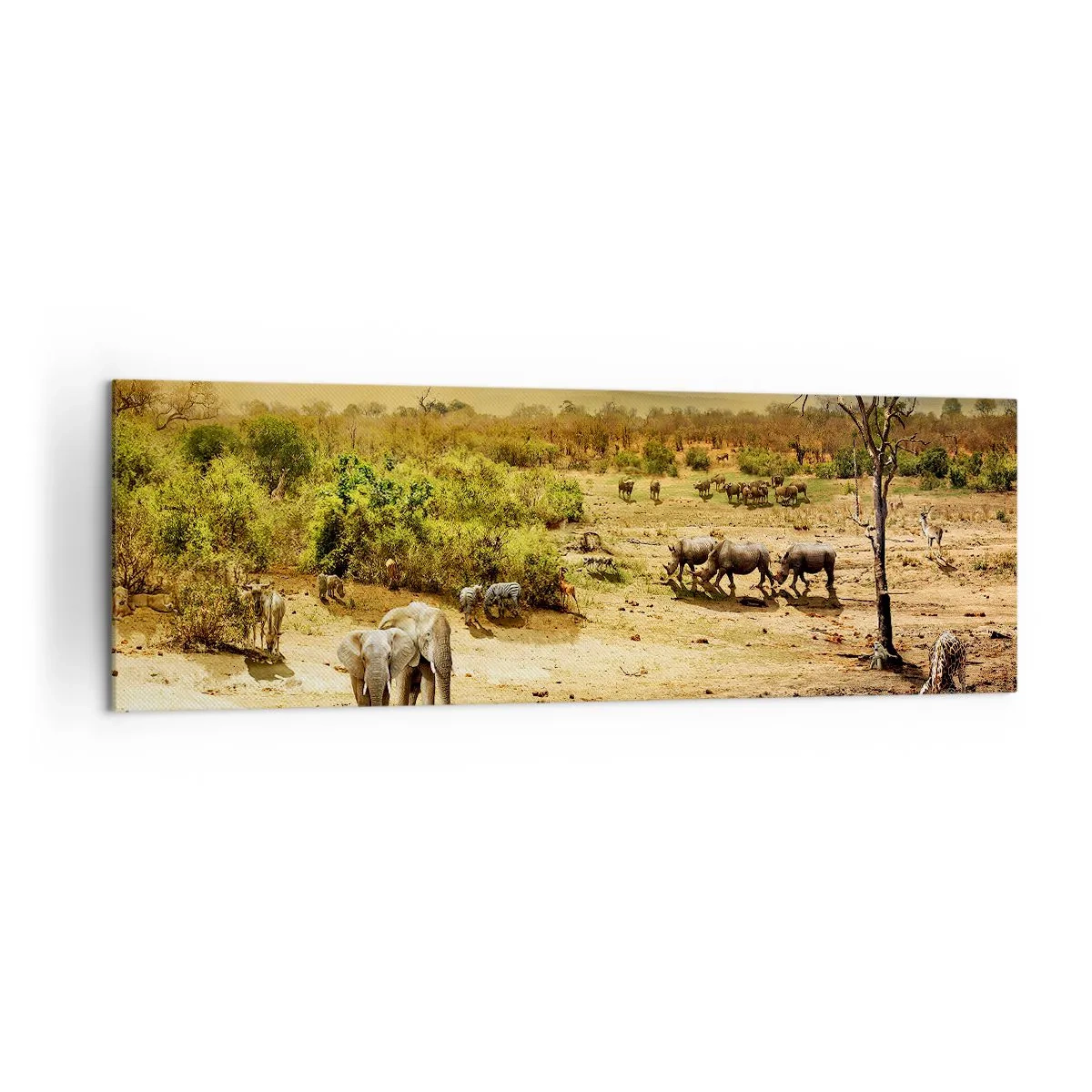 Cuadro sobre lienzo - Impresión de Imagen - Elefantes y animales salvajes en un abrevadero al atardecer - 160x50cm - Y del Edén fluyó un río... - Decoración de pared moderna para salón y dormitorio ARTTOR