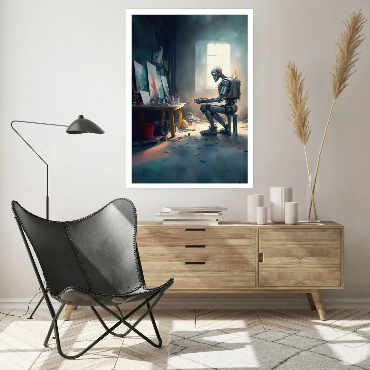Póster - Artista robot pintando cuadros en su estudio - 50x70cm - El acto de creación - Decoración de pared moderna para salón y dormitorio ARTTOR