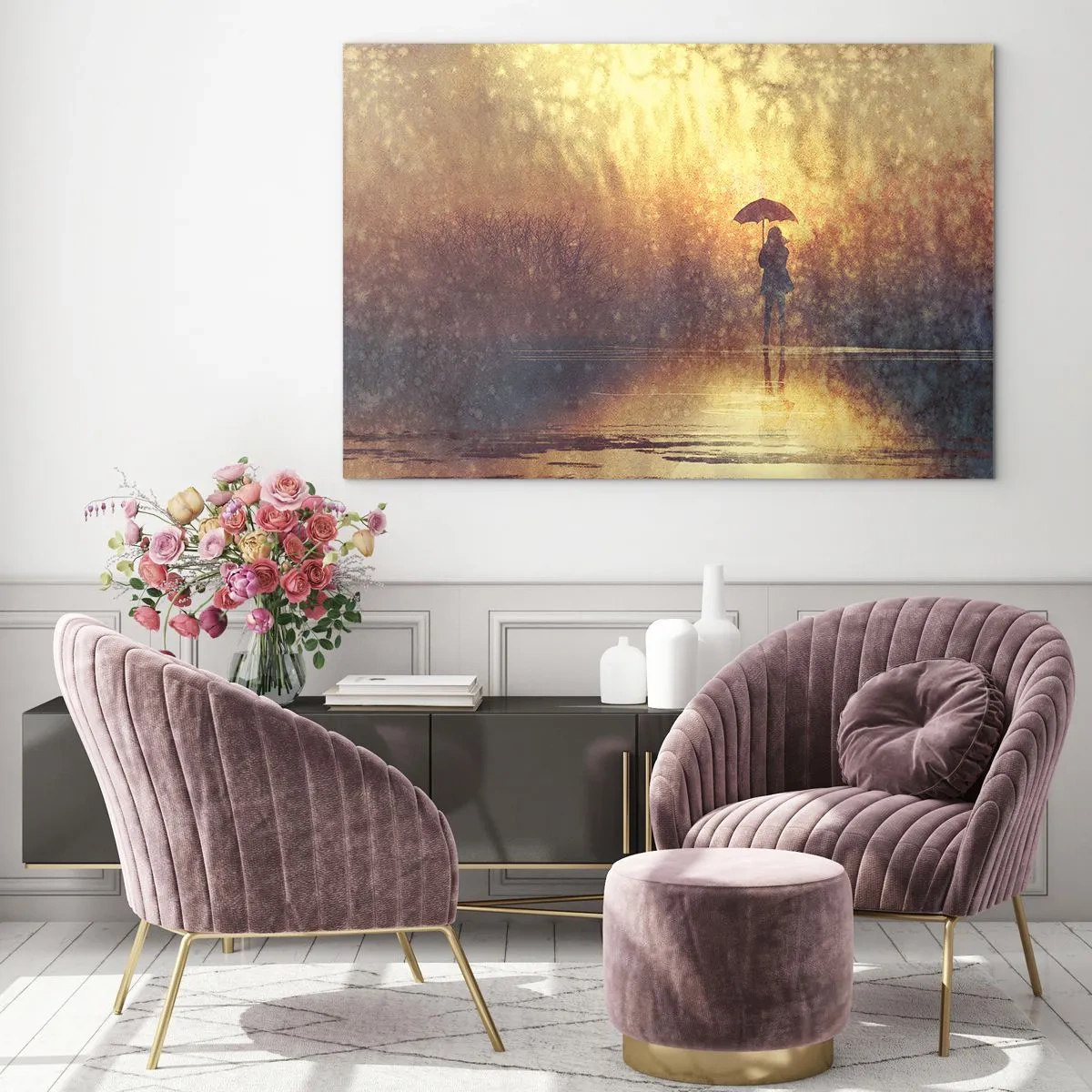 Cuadro sobre vidrio - Impresiones sobre Vidrio - Una figura con un paraguas a la luz del sol poniente y la lluvia. - 100x70cm - Siento que alguien me mira - Decoración de pared moderna para salón y dormitorio ARTTOR