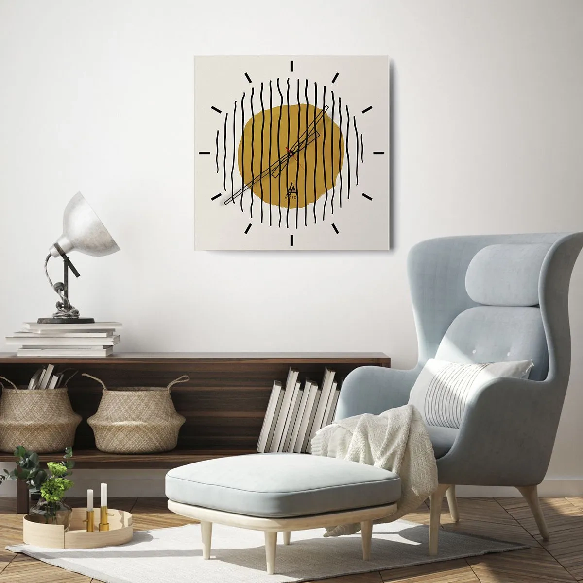 Reloj de pared - Reloj de vidrio - Un motivo minimalista con un círculo amarillo y líneas negras. - 30x30cm - Abstracción cálida - Decoración de pared moderna para salón y dormitorio ARTTOR