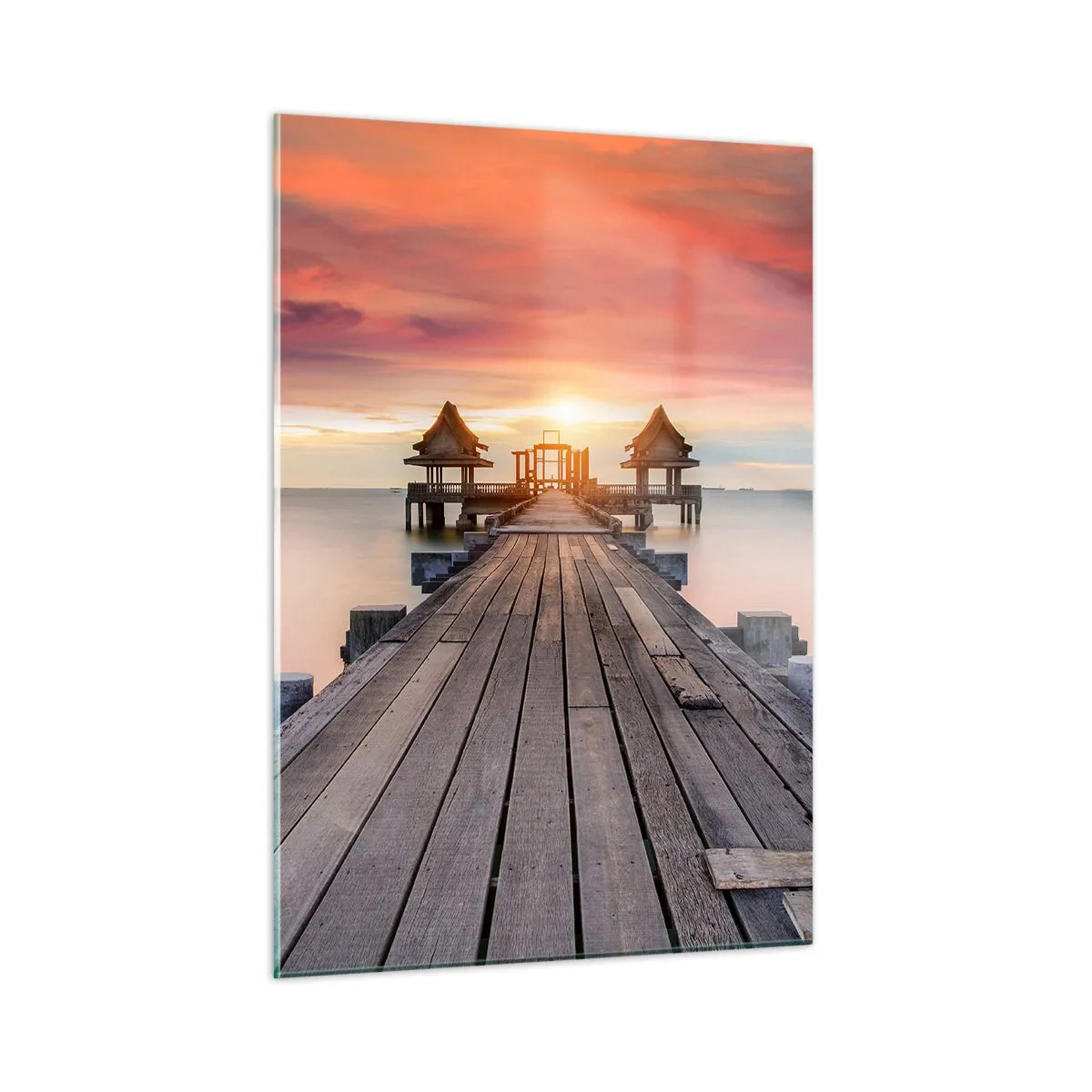 Cuadro sobre vidrio - Impresiones sobre Vidrio - Muelle de madera que conduce a los miradores junto al agua al atardecer - 50x70cm - De este a oeste - Decoración de pared moderna para salón y dormitorio ARTTOR