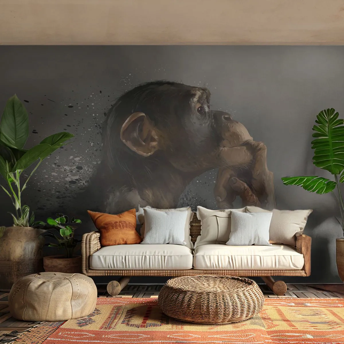 Fotomural Premium Sand - Retrato de un mono pensativo sobre un fondo oscuro en estilo artístico. - 100x70cm - La evolución del pensador - Decoración de pared moderna para salón y dormitorio ARTTOR