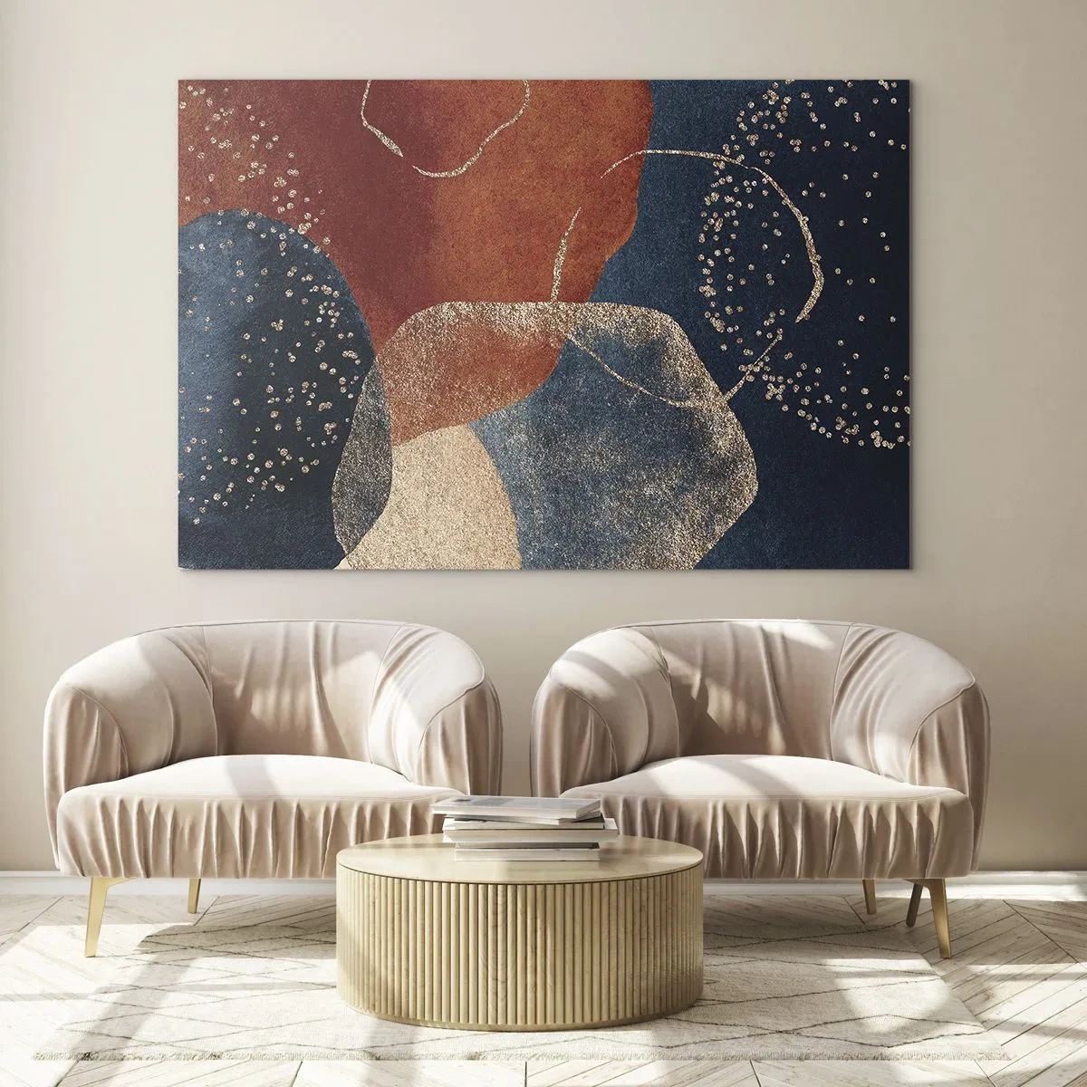 Cuadro sobre vidrio - Impresiones sobre Vidrio - Formas abstractas en tonos azul marino y cobre. - 120x80cm - La ligereza del ser - Decoración de pared moderna para salón y dormitorio ARTTOR