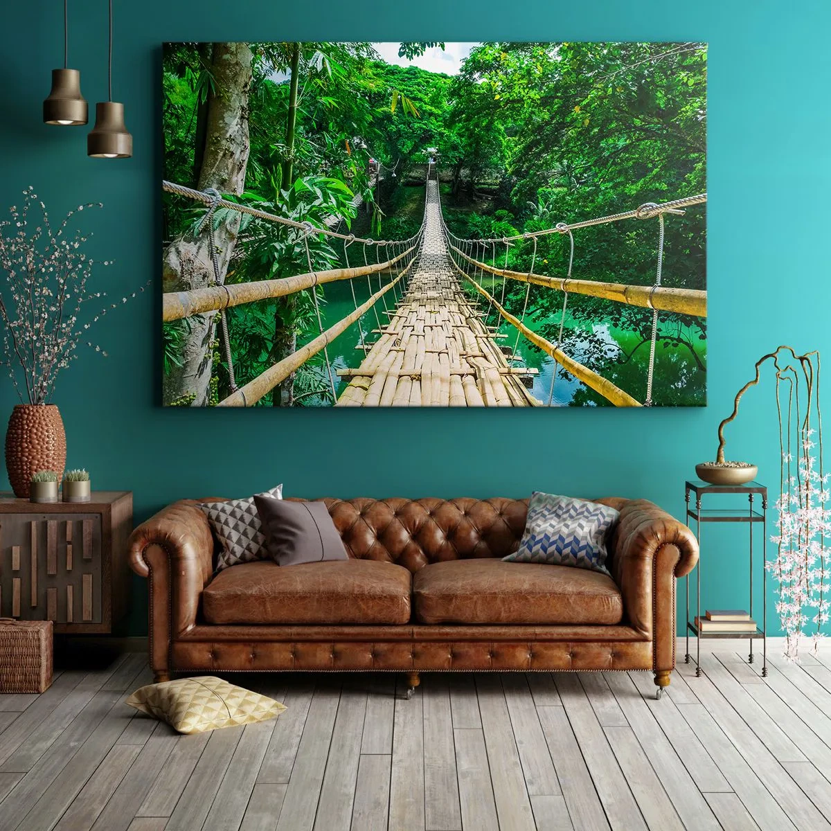 Cuadro sobre lienzo - Impresión de Imagen - Un puente colgante de bambú rodeado de vegetación. - 120x80cm - Puente colgante sobre la vegetación - Decoración de pared moderna para salón y dormitorio ARTTOR