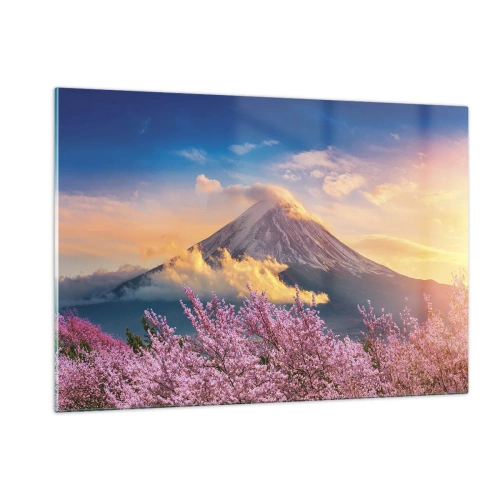 Cuadro sobre vidrio - Impresiones sobre Vidrio - El monte Fuji al fondo con árboles de sakura en flor en primer plano - 120x80cm - La santidad japonesa - Decoración de pared moderna para salón y dormitorio ARTTOR