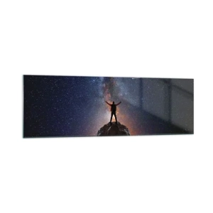 Cuadro sobre vidrio - Impresiones sobre Vidrio - Una figura en la cima de una montaña bajo un cielo estrellado. - 160x50cm - ¡El poder está conmigo! - Decoración de pared moderna para salón y dormitorio ARTTOR