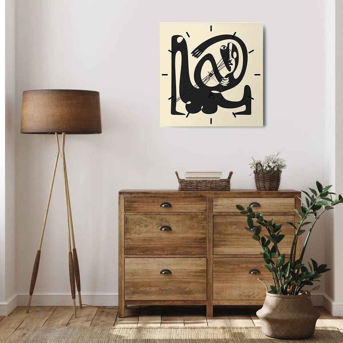 Reloj de pared - Reloj de vidrio - Una figura abstracta en negro sobre un fondo beige. - 30x30cm - Casi Picasso - Decoración de pared moderna para salón y dormitorio ARTTOR