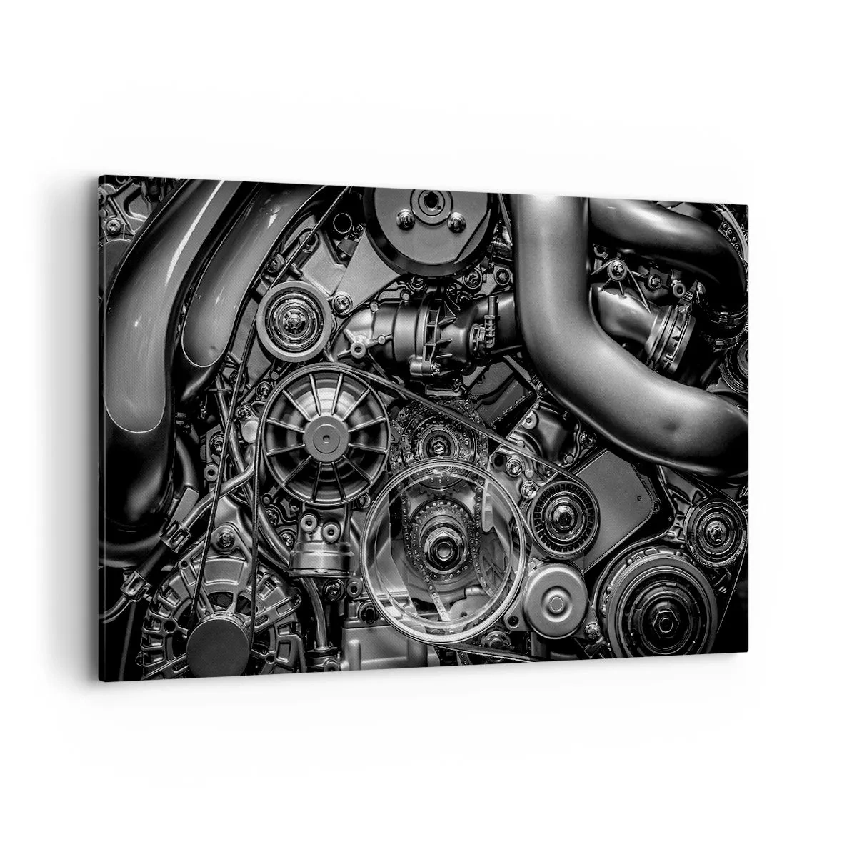 Cuadro sobre lienzo - Impresión de Imagen - Primer plano en blanco y negro de los detalles mecánicos de un motor de automóvil. - 120x80cm - La poesía de la mecánica - Decoración de pared moderna para salón y dormitorio ARTTOR