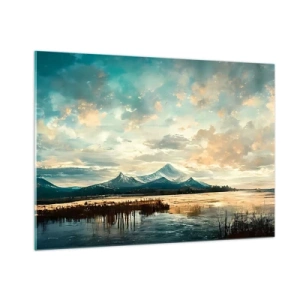 Cuadro sobre vidrio - Impresiones sobre Vidrio - Paisaje invernal con montañas y un lago congelado. - 100x70cm - Bajo la protección del cielo - Decoración de pared moderna para salón y dormitorio ARTTOR