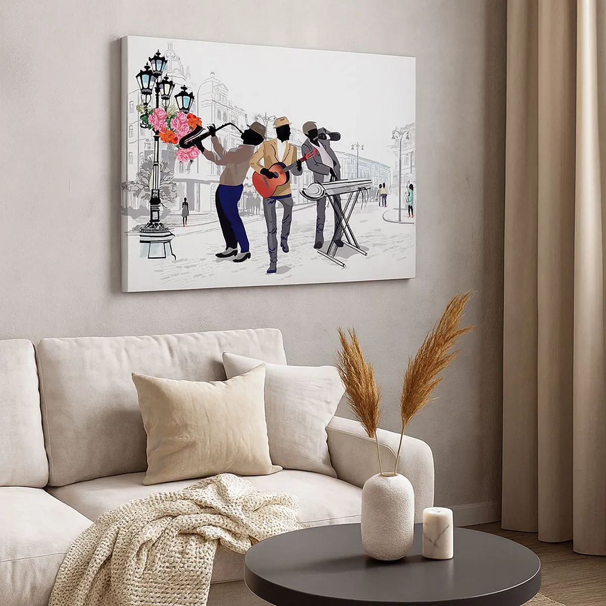 Cuadro sobre lienzo - Impresión de Imagen - Músicos callejeros tocando con el paisaje urbano como telón de fondo - 70x50cm - Música de la calle - Decoración de pared moderna para salón y dormitorio ARTTOR