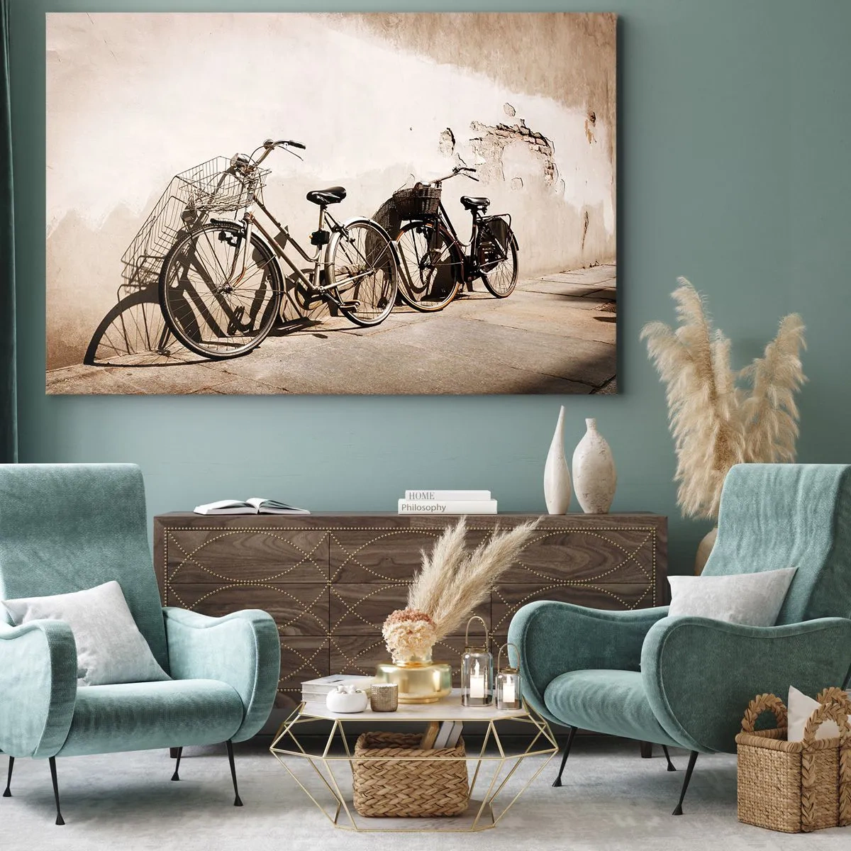 Cuadro sobre lienzo - Impresión de Imagen - Dos bicicletas apoyadas contra una vieja pared de estilo retro. - 70x50cm - El inolvidable encanto del pasado - Decoración de pared moderna para salón y dormitorio ARTTOR