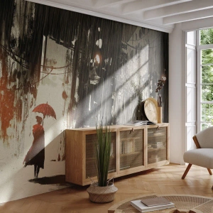 Fotomural Autadhesivo Deluxe Sticker - Poesía de un paraguas rojo - Ciudad, Mujer, Arquitectura - 100x70 cm