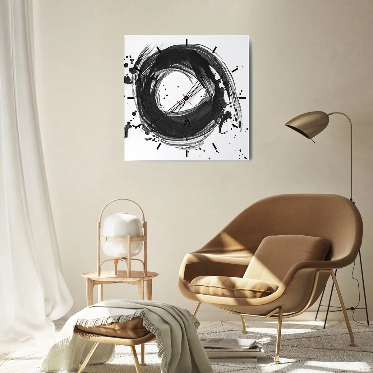 Reloj de pared - Reloj de vidrio - Abstracción negra en forma de círculo sobre fondo blanco. - 30x30cm - El torbellino de la creación - Decoración de pared moderna para salón y dormitorio ARTTOR