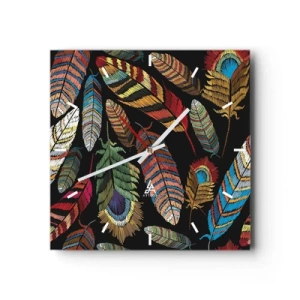 Reloj de pared - Reloj de vidrio - Plumas de colores sobre un fondo negro - 30x30cm - Carnaval de las aves - Decoración de pared moderna para salón y dormitorio ARTTOR