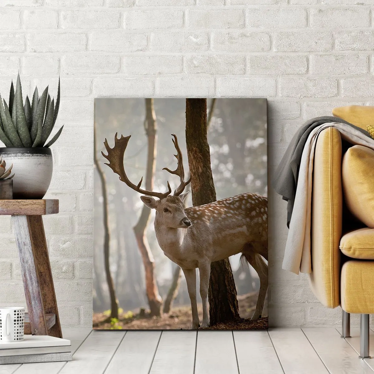 Cuadro sobre lienzo - Impresión de Imagen - Ciervos en el bosque en la niebla de la mañana. - 50x70cm - La luz de la juventud - Decoración de pared moderna para salón y dormitorio ARTTOR