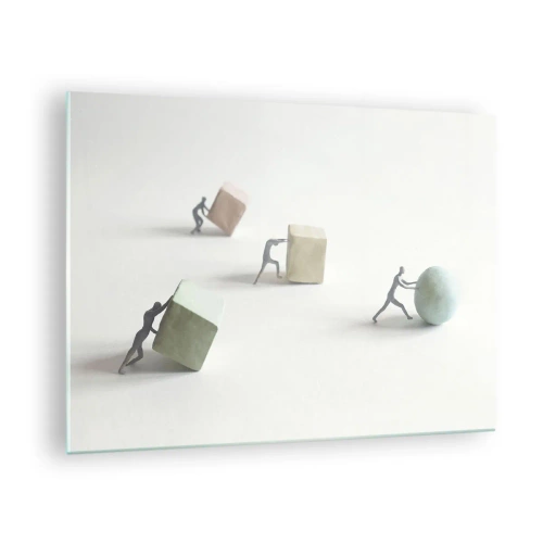 Cuadro sobre vidrio - Impresiones sobre Vidrio - Las figuras en miniatura ruedan y empujan formas geométricas. - 70x50cm - El avance de la geometría - Decoración de pared moderna para salón y dormitorio ARTTOR