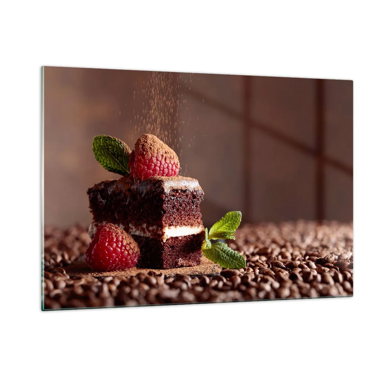 Cuadro sobre vidrio - Impresiones sobre Vidrio - Postre de chocolate con frambuesas y hojas de menta - 120x80cm - La vida es dulce - Decoración de pared moderna para salón y dormitorio ARTTOR