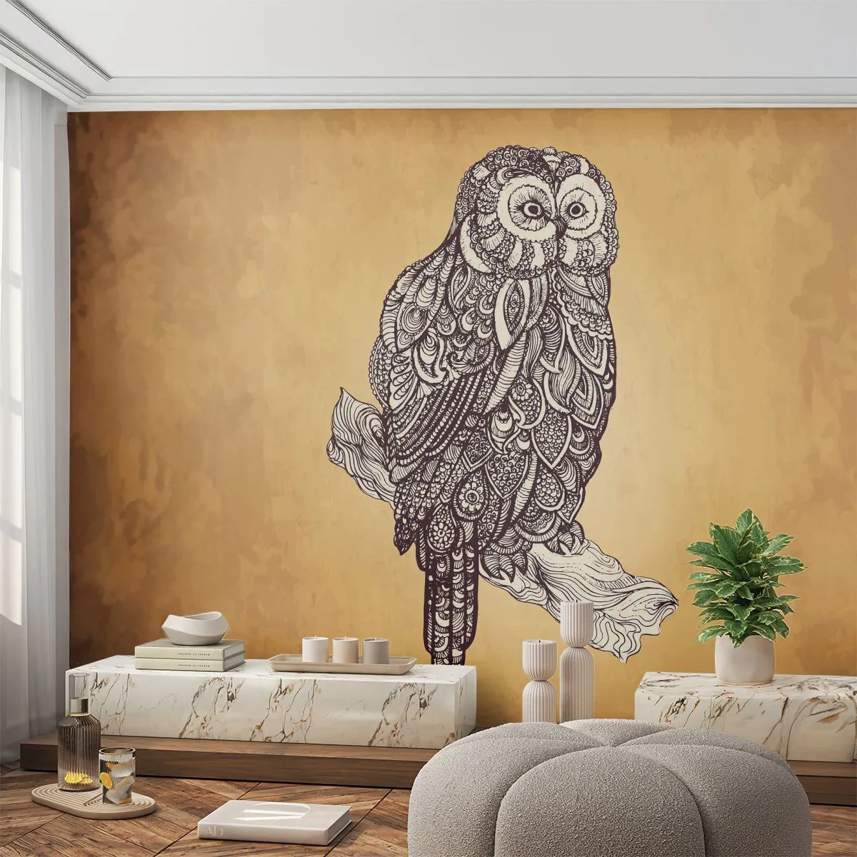 Fotomural Premium Sand - Intrincados ornamentos de sabiduría - Búho, Pájaro, Animal - 200x140 cm