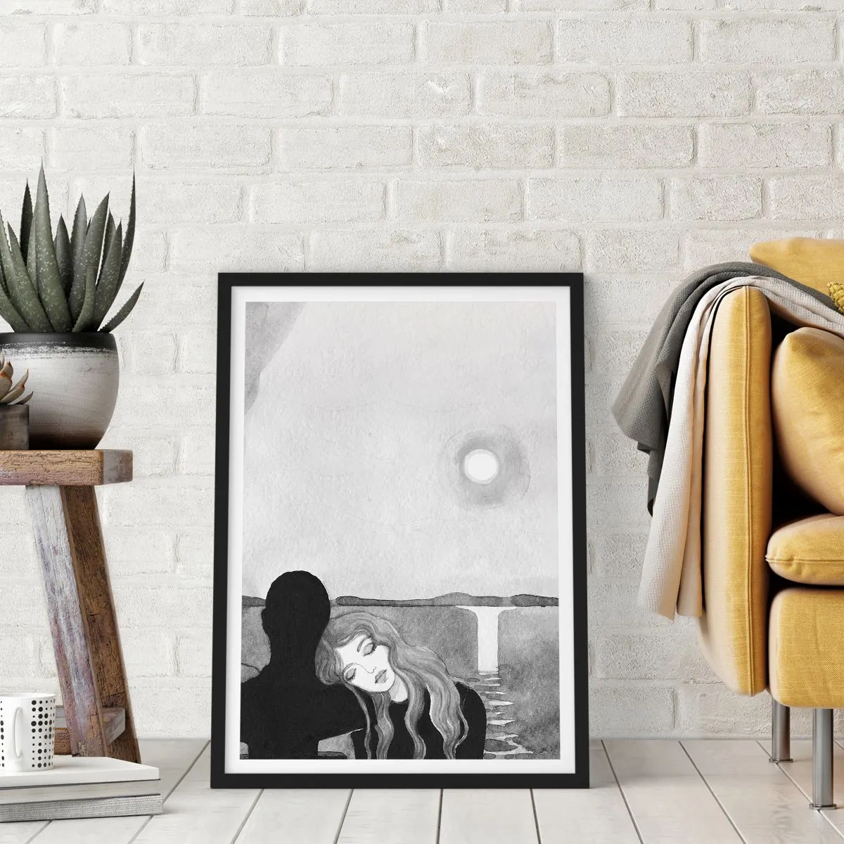 Póster en marco negro - Mujer apoyada sobre figura de sombra, luna y cascada - 50x70cm - Siempre un misterio - Decoración de pared moderna para salón y dormitorio ARTTOR