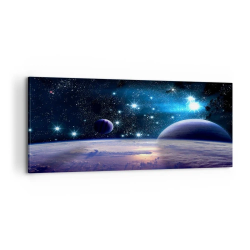 Cuadro sobre lienzo - Impresión de Imagen - Una vista del espacio exterior con planetas y estrellas. - 120x50cm - ¿Sigues solo? - Decoración de pared moderna para salón y dormitorio ARTTOR